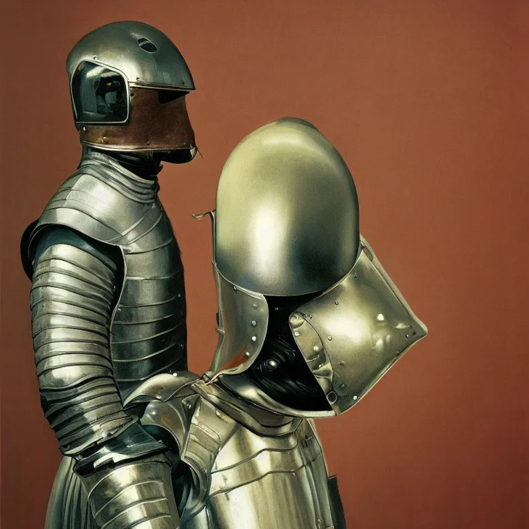 Image similar to portrait of a knight in a motorcycle helmet, fashion studio, lighting, 35mm , Edward Hopper and James Gilleard, Zdzislaw Beksinski, Steven Outram highly detailed