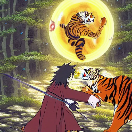 Prompt: A Wizard battling a Tiger by miyazaki miyamoto