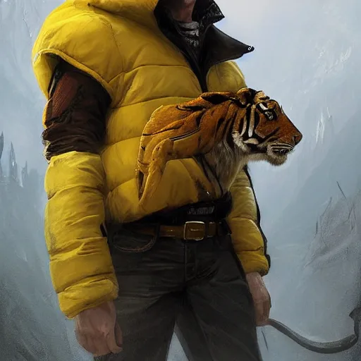 Image similar to a beautfiul award winning aesthetic commission of an antrho albino tiger wearing a yellow-black padded hooded puffer jacket,digital art,art by greg rutkowski,character design by charles bowater,ross tran,photorealistic,detailed face,hyperdetailed,western comic,2021,artstation,deviantart