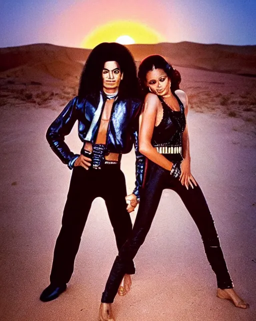 Image similar to pre plastic surgery michael jackson, as luke sky - walker, with janet jackson as princess lie, studio lighting, star wars themed, beautiful tunisian desert at sunset, michael jackson is normal looking and has had no work done to his face, photoshoot in the styled of annie leibovitz