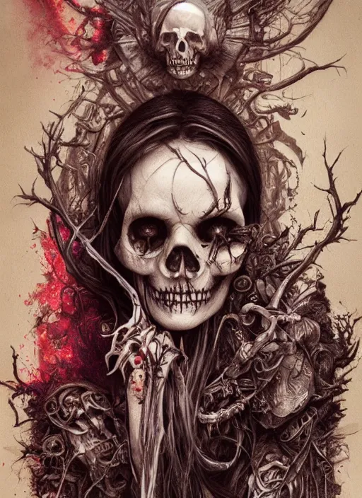 Image similar to alice in wonderland death tarot card, highly detailed, half skull face, cinematic, 8 k, by stanley artgermm, tom bagshaw, greg rutkowski, carne griffiths, ayami kojima, beksinski, giger, trending on deviantart, hyper detailed, horror, full of colour