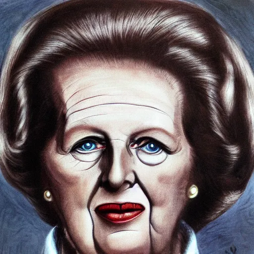 Image similar to illustration of Margaret Thatcher by Hans Rudi Giger, 8k high definition high quality