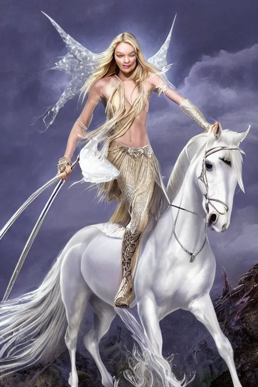 Prompt: a fantast beauty detailed candice swanepoel as galadriel, riding a white horse, with a curved sword, platinum white wavy long hair, white headband in the front with diamonds, jewelry body armor in golden and silver colors, pointy ears, detailed, epic masterpiece of cinematographic hyperrealism, realistic shaded lighting poster ellen jewet, unreal engine, radiant light