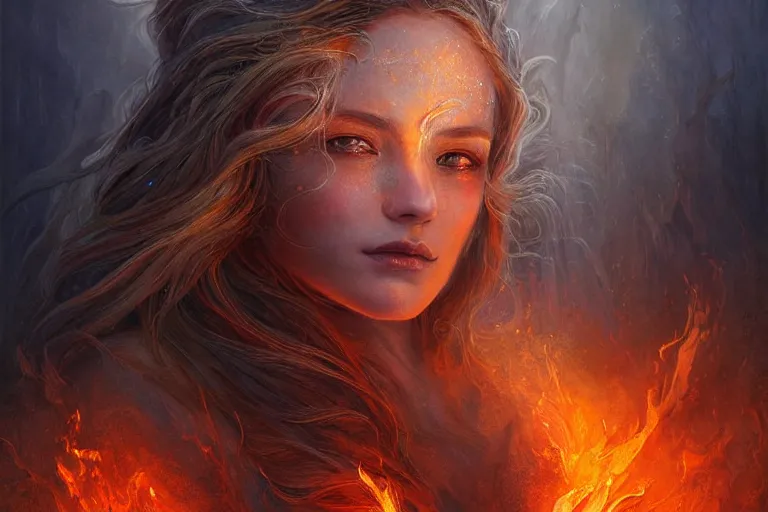 Image similar to Majestic painting of a beautiful young female fire goddess!! being corrupted by ice, intricate, epic, elegant, menacing, fantasy, highly detailed, digital painting, hard focus, beautiful volumetric lighting, epic light, ultra detailed, souls, smoke, icicle, frozen by Leesha Hannigan, Ross Tran, Thierry Doizon, Kai Carpenter, Ignacio Fernández Ríos