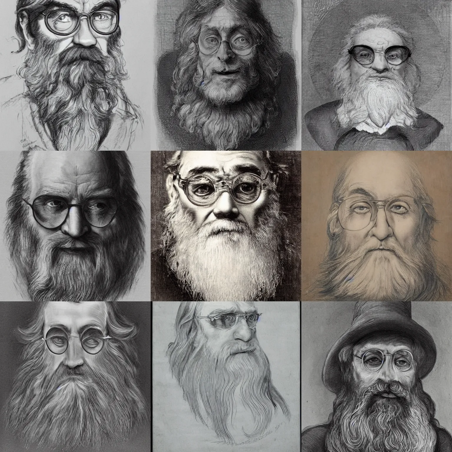 Prompt: face portrait of a very old wizard with long silver hair and beard and light blue eyes, small half - moon glasses and a long crooked nose, highly detailed, sketch