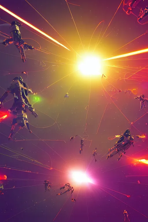 Prompt: wide view of a dozen futuristic spacemen firing lasers, zero gravity, floating, in space, bright, hiding behind obstacles, surrounded by a laser grid, stars visible, unreal engine, lensflares, low perspective, polygon, vector, heavy filmgrain