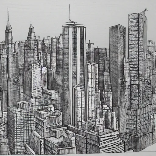 Prompt: perspective drawing of skyscrapers by hugh ferris, john blanche, highly detailed, intricate linework