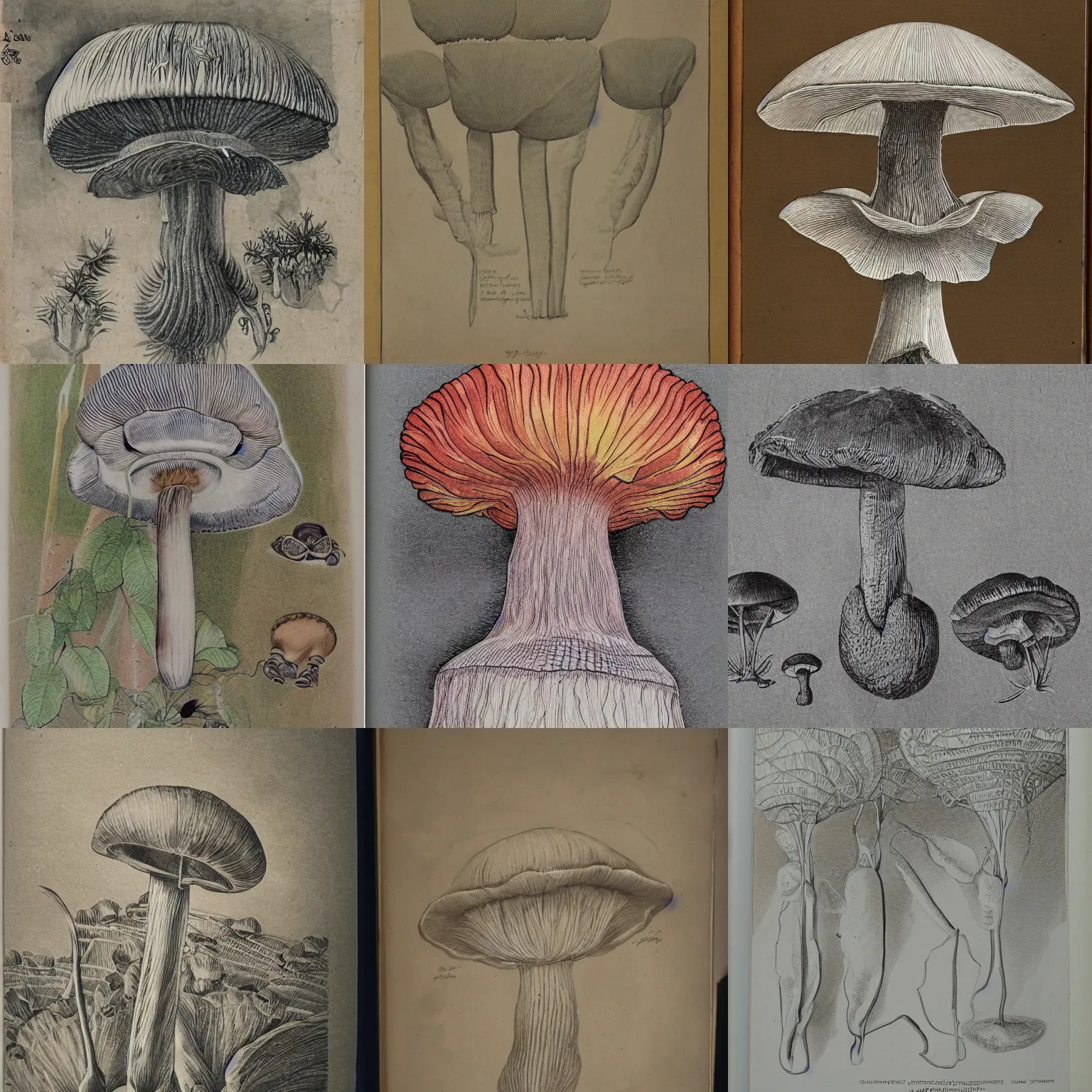 Prompt: botanical illustration of an alien mushroom. naturalist illustration, textbook drawing, drawn on vellum, detailed illustration, nobel prize