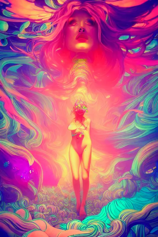 Image similar to a gorgeous girl engulfed in colorful liquid clouds and neon smoke, extremely psychedelic experience, psilocybin, dmt, lsd face, highly detailed, artstation, concept art, blue background, digital art by hana yata, and artem demura and beeple, alphonse mucha, octane render, unreal engine, 8 k