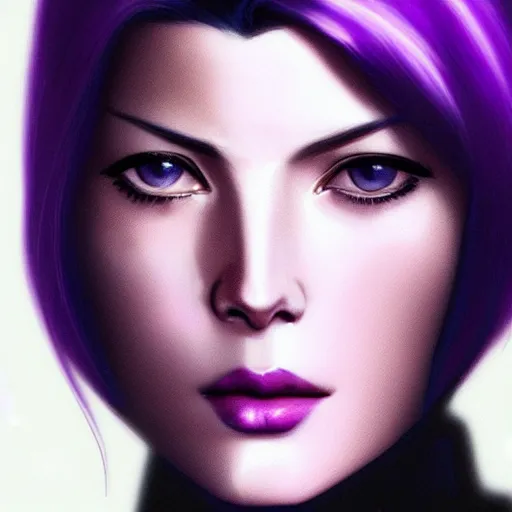 Prompt: A combination of Grace Kelly's and Katheryn Winnick's and Ashley Greene's faces with short violet hair as Motoko Kusanagi from Ghost in The Shell, cyberpunk style, synthwave aesthetic, fantasy, intricate, elegant, highly detailed, digital painting, artstation, concept art, matte, sharp focus, illustration, half body portrait, art by Artgerm and Greg Rutkowski and Alphonse Mucha