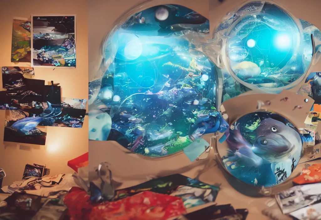 Prompt: 3 d fishes popping out of curved movie screen, volumetric lighting, bedroom, sleeping, pair of keycards on table, bokeh, creterion collection, shot on 7 0 mm, instax