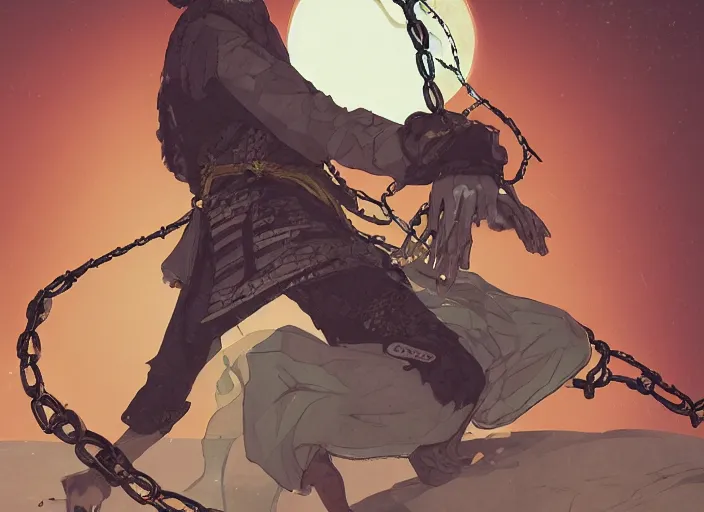 Image similar to samurai vagabond WITH A MOON BEHIND , HAS 4 ARMS AND IS WRAPPED IN CHAINS, manga,detailed, studio lighting, gradation,editorial illustration, matte print, Ilya Kuvshinov, concept art, digital