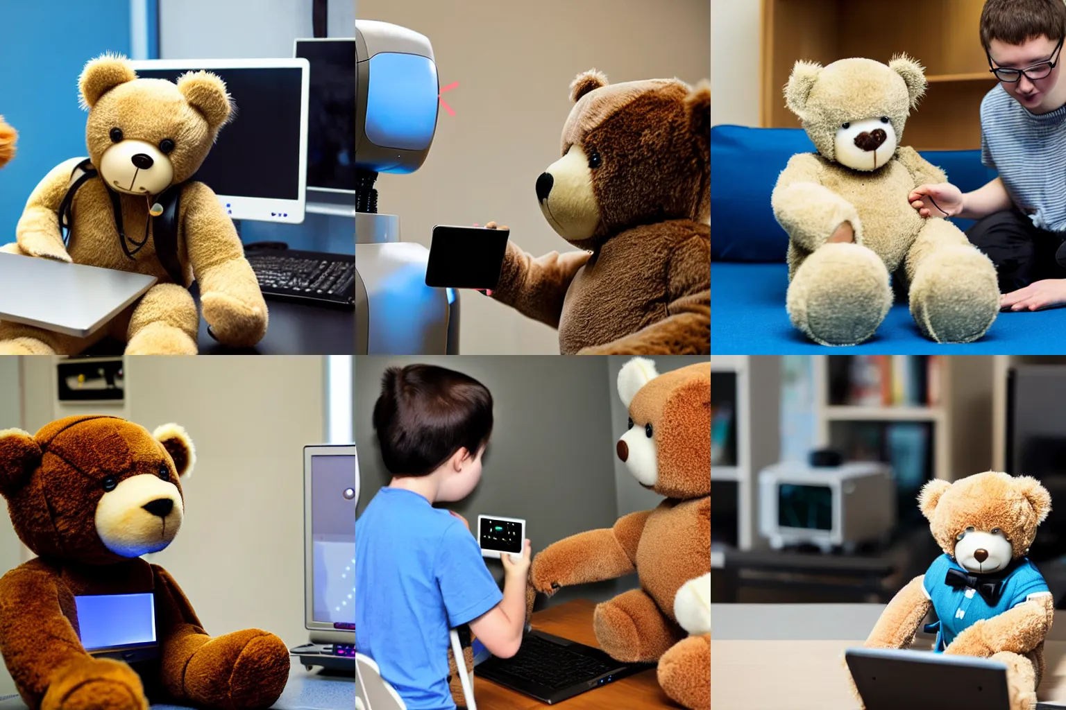 Prompt: teddy bear programming a robot, photo