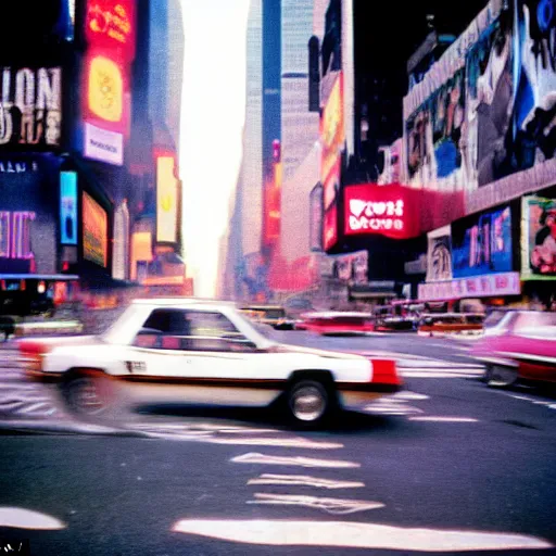 Image similar to a vivid photo of a unicorn galloping through times square in the 8 0 s, there are cars, long exposure