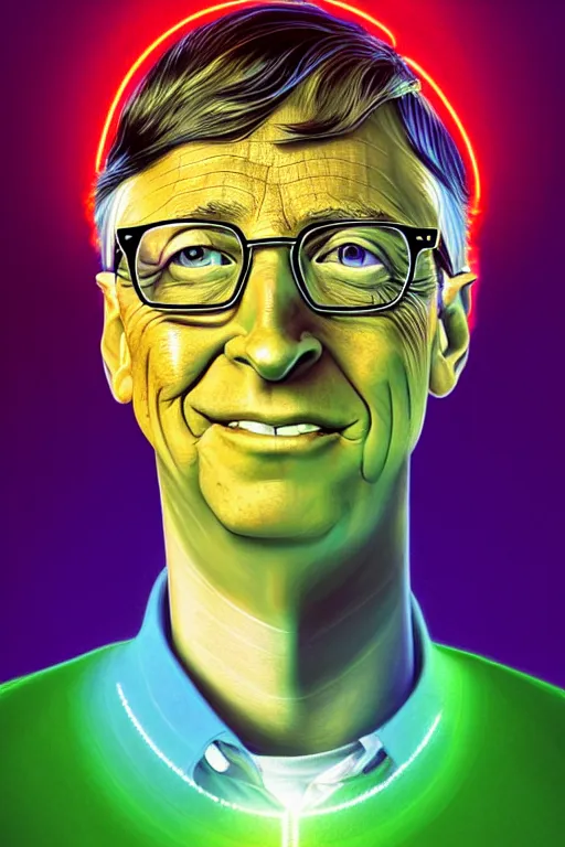 Prompt: a award winning half body portrait of a bill gates with stunning eyes in a croptop and cargo pants with rainbow colored hair, outlined by whirling illuminated neon lines and fine lines swirling in circles by jesper ejsing and rhads and makoto and shinkai and lois van baarle, digital art, trending on artstation