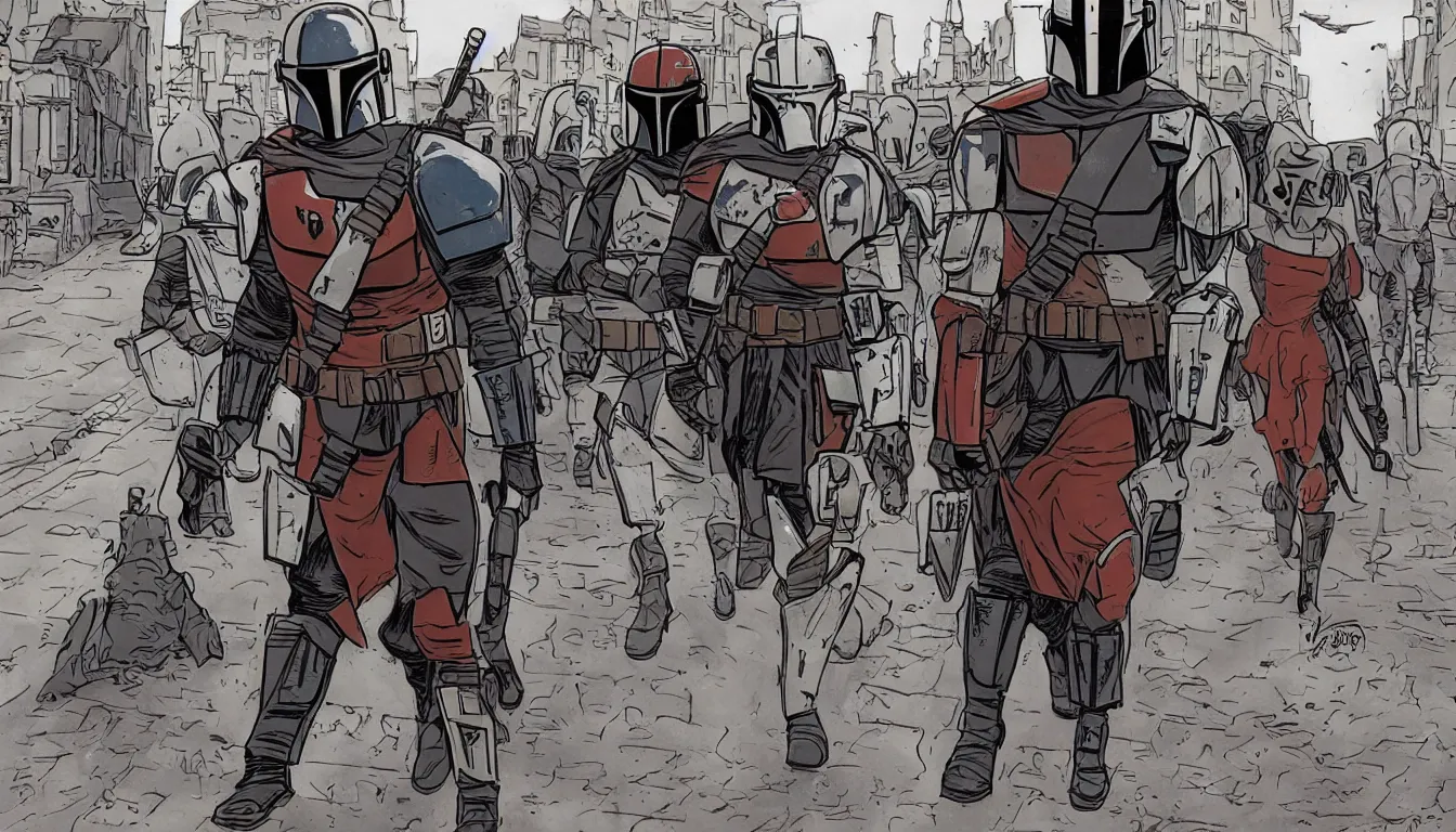 Image similar to single mandalorian walking through the empty streets of england, in style of jim lee