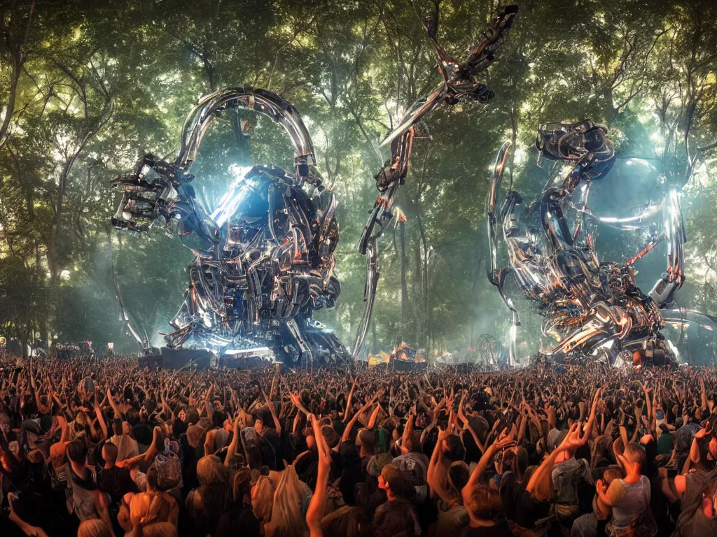 Prompt: an incredible masterpiece of a cyborg dj is playing a vast array of highly evolved and complex musical technology on a stage surrounded by an incredible and complex circular robotic structure playing highly evolved music overlooking a crowd at a forest festival lit by fire, by craig mullins