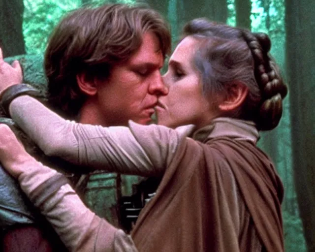 Image similar to luke skywalker, princess leia and han solo hugging and kissing in the forest of endor at the end of return of the jedi, faster, more intense