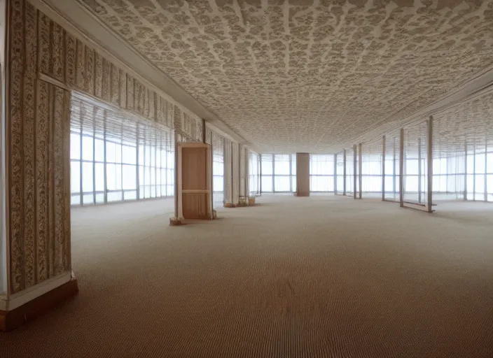 Prompt: an endless space of empty connecting rooms with old vanilla colored wallpaper from the 1970s and brown carpet lit by tungsten lights, no windows