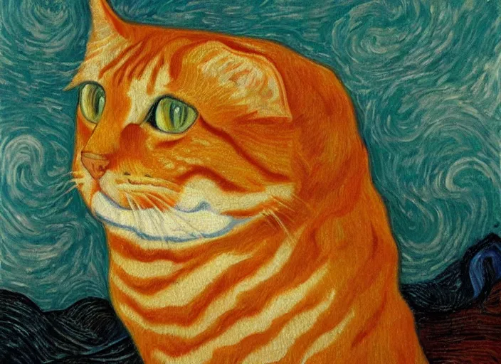 Image similar to detailed realistic realism painting of lasagna with the face of an orange tabby cat, at dusk, in the style of vincent van gogh and salvador dali and leonardo da vinci