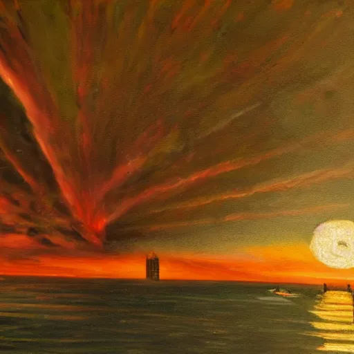 Image similar to an oil painting of a nuclear explosion in venice