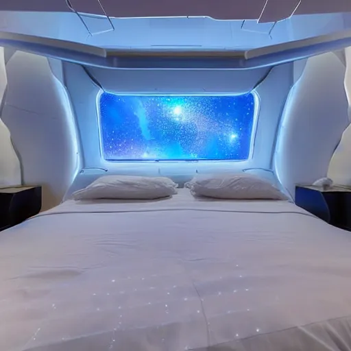 Image similar to a king size bed with a white bed set in a futuristic space ship with windows looking into outer space, beautiful lighting photograph