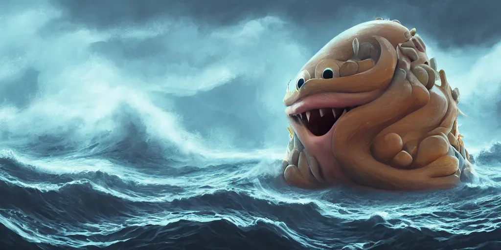 Image similar to of a stormy ocean with strange cute friendly happy creatures with huge eyes, mouth, long tongue, round teeth and goofy face, appearing from the background, in the style of gehry and gaudi, macro lens, shallow depth of field, ultra detailed, digital painting, trending artstation, concept art, illustration, cinematic lighting, photorealism, epic, octane render