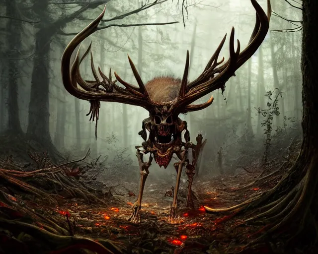 Image similar to 5 5 mm portrait photo of an armored demonic rat skeleton with antlers and red eyes, in a magical forest. magical atmosphere. art by greg rutkowski. highly detailed 8 k. intricate. lifelike. soft light. nikon d 8 5 0.