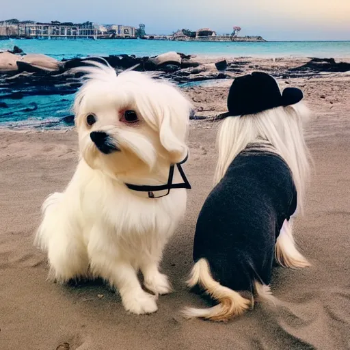 Prompt: maltese dog and calico cat on a cyberpunk beach