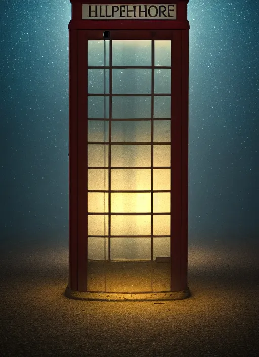 Image similar to an old abandoned telephone booth at the edge of the universe at night, film grain, misty, moody, sinister, ambient lighting, cinematic color grading, 8 k render, hyper realistic, realistic, unreal engine 5 render