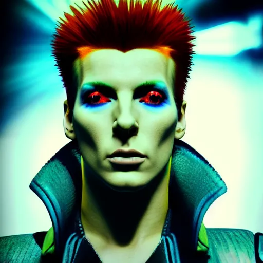 Image similar to film still photo portrait mugshot of ziggy stardust as a jojo bizarre adventure character, realistic, hyperrealistic, 8 k resolution, hd quality, very detailed, highly detailed, intricate details, real life, real world, trending on artstation, digital art, really realistic, very realistic, headshot, head in frame, photograph, portrait, mugshot