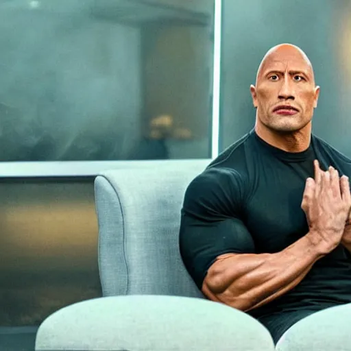 Prompt: dwayne johnson sitting in a chair while everything burns around him