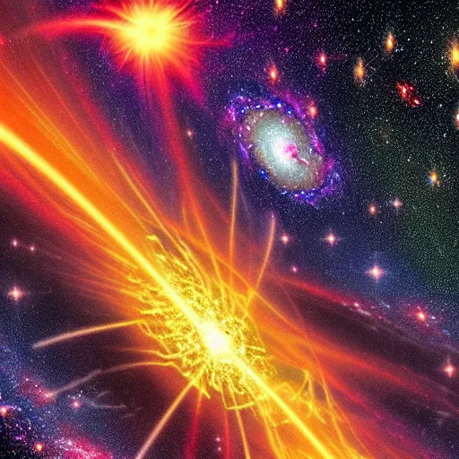 Image similar to the universal big bang, hyper detailed photo of a huge galactic explosion in all directions for infinity