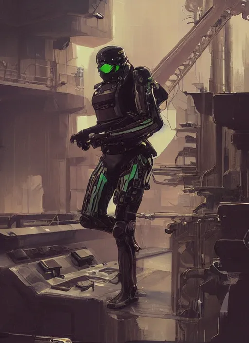 Image similar to Vernon. USN blackops operator infiltrating oil rig. Operator wearing Futuristic cyberpunk tactical wetsuit. Frogtrooper. rb6s, MGS, and splinter cell Concept art by James Gurney, greg rutkowski, and Alphonso Mucha. Vivid color scheme.