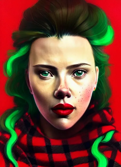 Image similar to highly detailed portrait of scarlett johanson with scarlet lips pogging, tartan hoody, photographic realistic background, ringlet hair by atey ghailan, by greg rutkowski, by greg tocchini, by james gilleard, by joe fenton, by kaethe butcher, gradient red, black, neon green cream and white color scheme, trending in pinterest, award winning details