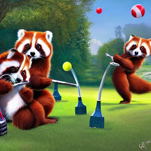 Image similar to very cute friendly happy high energy red pandas at a fancy garden party playing croquet and drinking lemonade, artwork by mark brooks and Asher Brown Durand, digital art