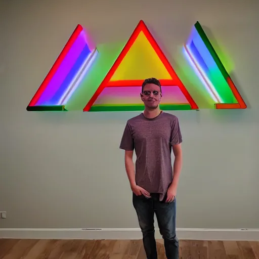 Image similar to a daytrader named jay standing proudly in front of triangular nanoleaf led lights on his wall