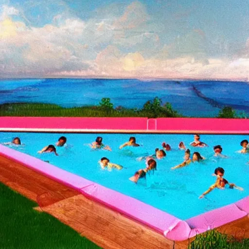 Prompt: rainbow swimming pool in a dream, bright, fantastical