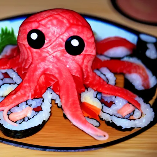 Image similar to an octopus gleefully transforms himself into sushi and sashimi