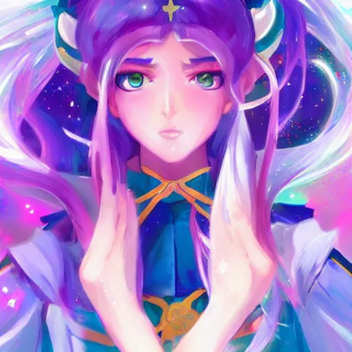 Image similar to a portrait of a celestial magical girl, sailor moon, star guardians, very beautiful, very very very very attractive, trending on artstation, cool color scheme, semi - realism, painted by artgem and rossdraws and loish