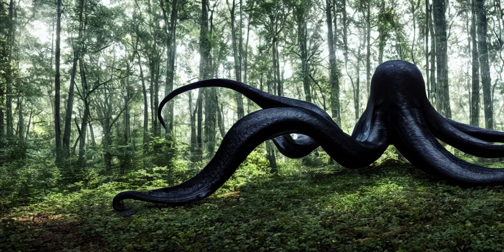 Image similar to a giant black octopus in the middle of a forest, winding around trees, beautiful ambient light, sun rays hitting the slightly transparent creature, 8k photography