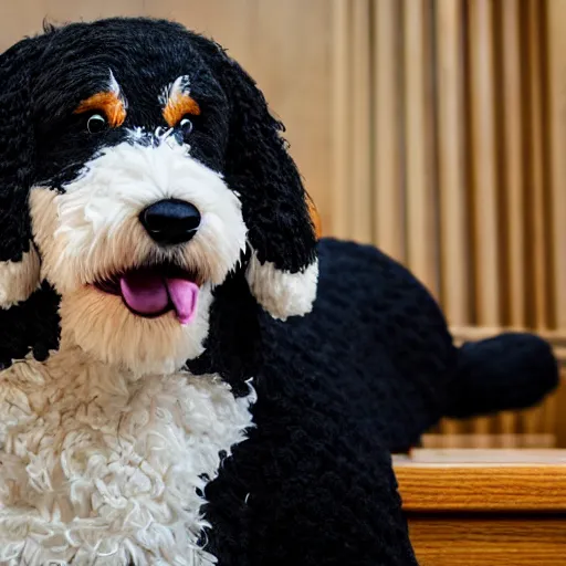 Image similar to a closeup photorealistic photograph of a cute smiling knitted bernedoodle judge dog dressed in a black gown and presiding over the courthouse. indoors, professional capture, well lit shot. this 4 k hd image is trending on artstation, featured on behance, well - rendered, extra crisp, features intricate detail, epic composition and the style of unreal engine.