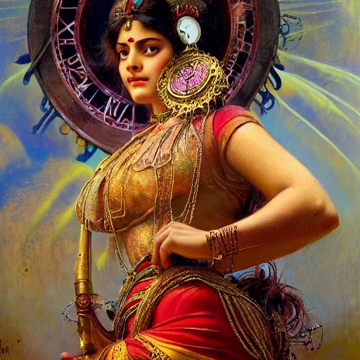 Prompt: detailed potrait of hindu traditional woman with high - tech steam punk clock in face, girl graceful,, painting by gaston bussiere, craig mullins, j. c. leyendecker, lights, art by ernst haeckel, john william godward, hammershøi,,
