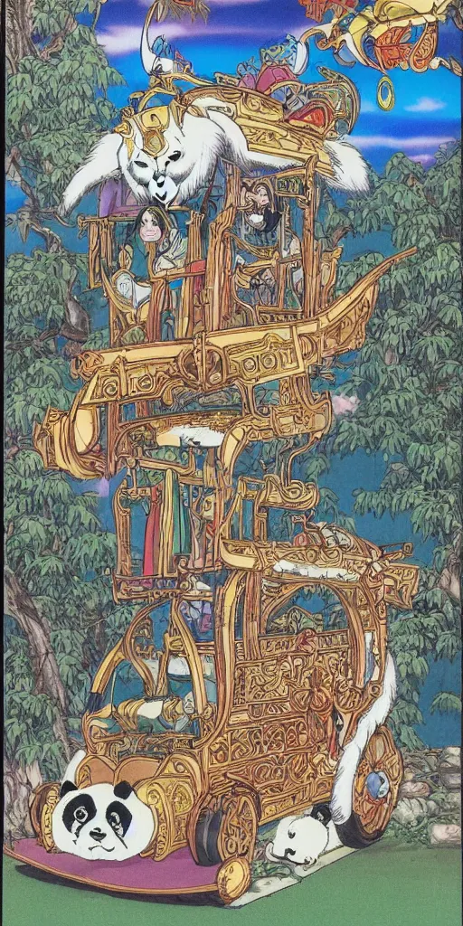 Image similar to a chariot drawn by pandas in japan, 1990s anime, full color, tarot card the chariot, highly detailed