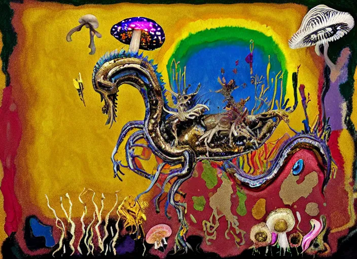 Image similar to expressionistic decollage painting golden armor alien zombie horseman riding on a crystal bone dragon broken rainbow diamond maggot horse in a blossoming meadow full of colorful mushrooms and golden foil toad blobs in a golden sunset, distant forest horizon, painted by Mark Rothko, Helen Frankenthaler, Danny Fox and Hilma af Klint, pixelated, semiabstract, color field painting, byzantine art, voxel art, pop art look, naive, outsider art. Barnett Newman painting, part by Philip Guston and Frank Stella art by Adrian Ghenie, 8k, extreme detail, intricate detail, masterpiece