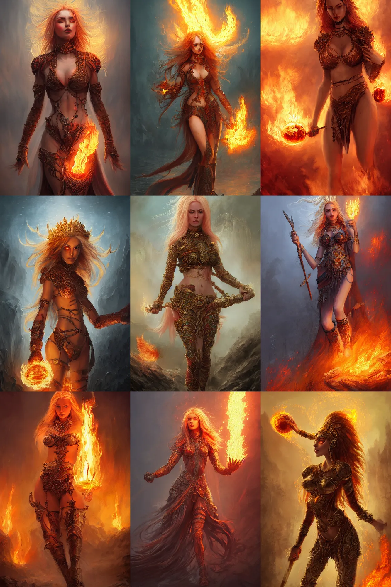 Prompt: beautiful fire goddess in ornate bikini armor walking toward a riverside town while holding a fireball, on fire, long blonde flaming hair, digital art, trending on artstation, cgsociety, detailed, illustration, professional art by seb mckinnon