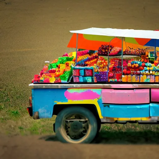 Image similar to super colorful pop rock candy, fruit stand on the side of a dusty country road, dramatic outdoors, 8 k, 4 k, trending on artstation cgsociety, octane ue 5