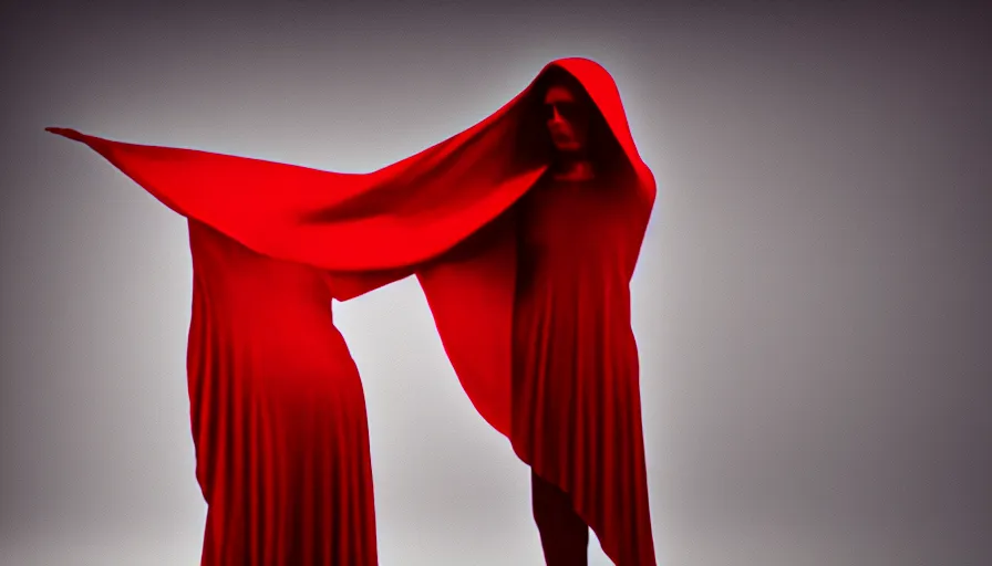 Image similar to fashion photograph of invisible figure wrapped in red sheet in darkness, high contrast, hard light, digital art, rendering, cloth simulation, redshift