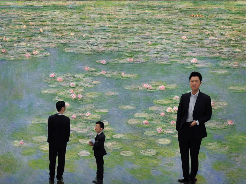 Prompt: ‘The Center of the World’ (art gallery, standing in front of Monet's Water Lilies French impressionist oil painting) was filmed in Beijing in April 2013 depicting a white collar office worker. A man in his early thirties – the first single-child-generation in China. Representing a new image of an idealized urban successful booming China.