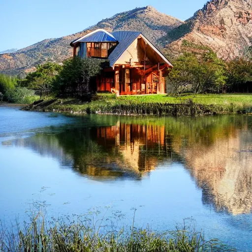 Image similar to house on the mountain around water